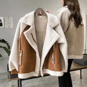 Ashore Shop Winter Loose Splice Contrast Biker Jacket  Brown Women Fleece Thicken Coat Vintage Large Size Casual Lapel Female Outwear