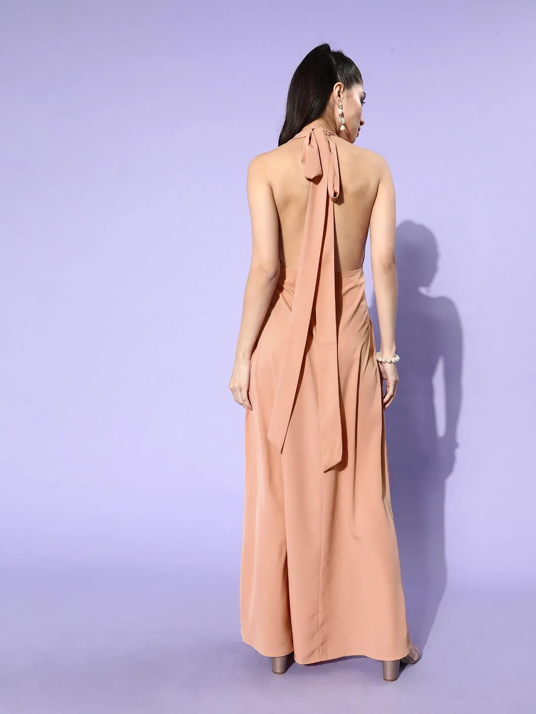 Berrylush Women Solid Pink Halter Neck Sleeveless Crepe Maxi Dress