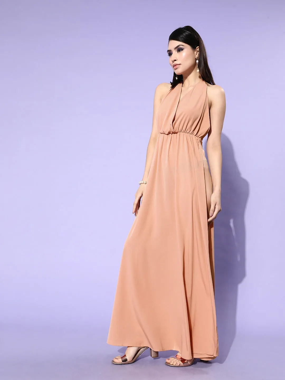 Berrylush Women Solid Pink Halter Neck Sleeveless Crepe Maxi Dress