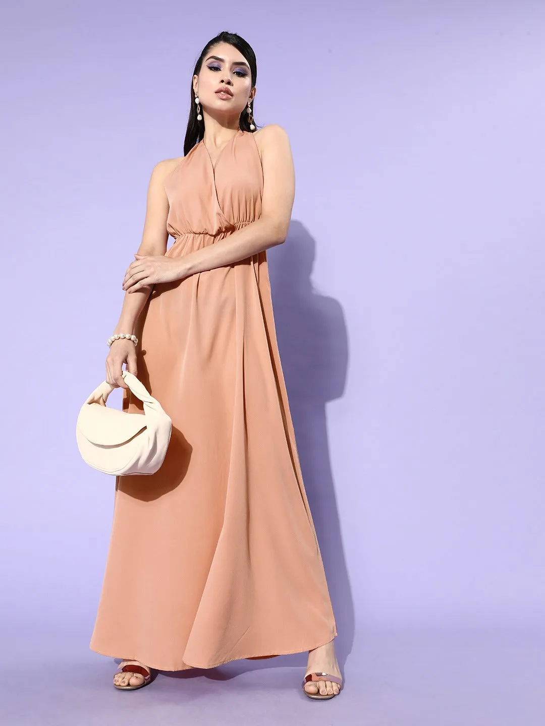 Berrylush Women Solid Pink Halter Neck Sleeveless Crepe Maxi Dress