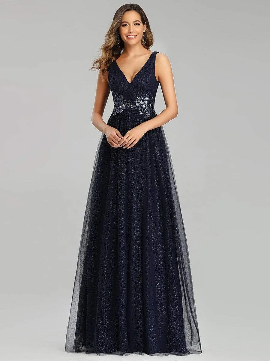Elegant Deep Double V Neck Tulle Evening Dress with Appliques