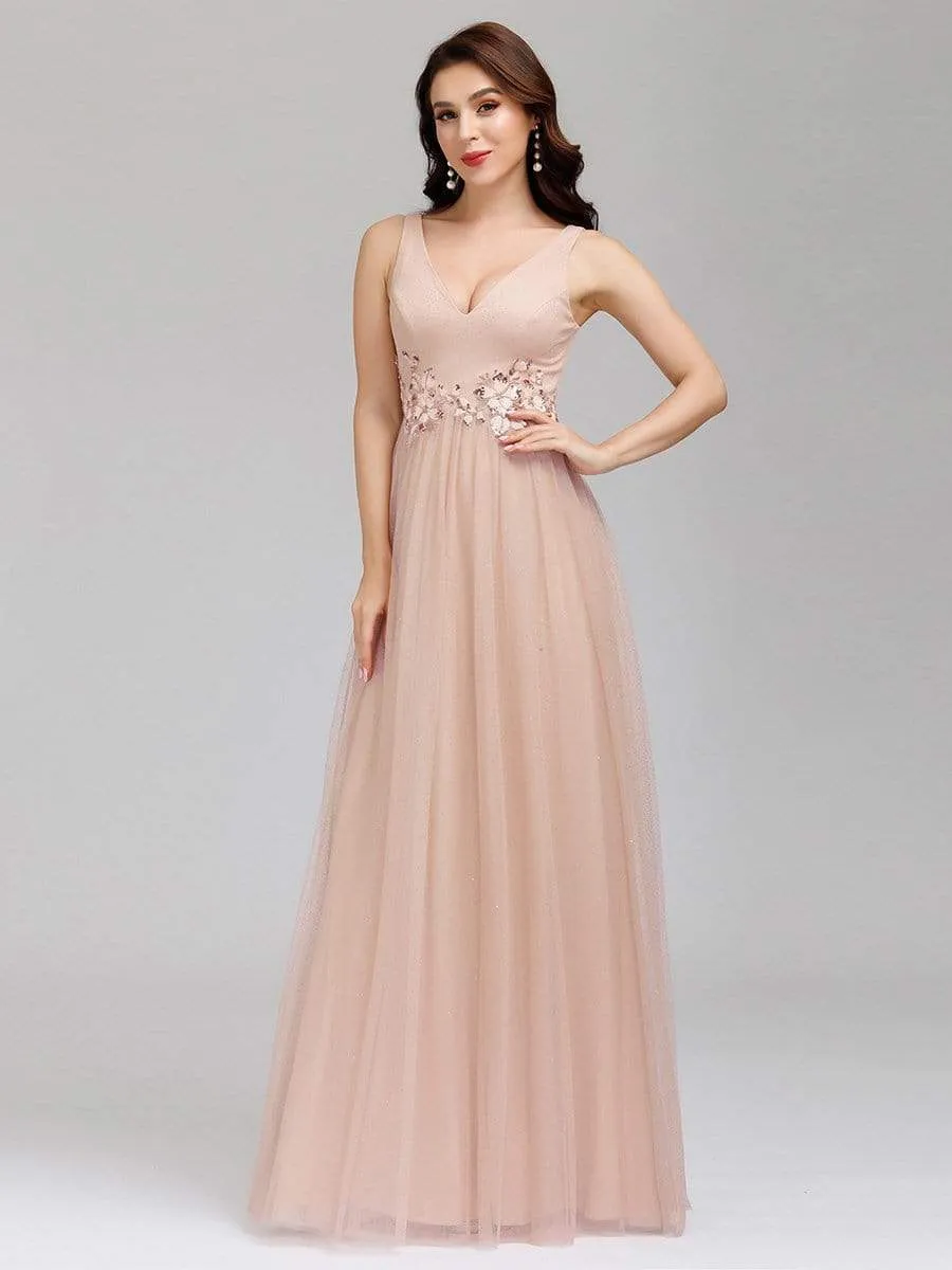 Elegant Deep Double V Neck Tulle Evening Dress with Appliques