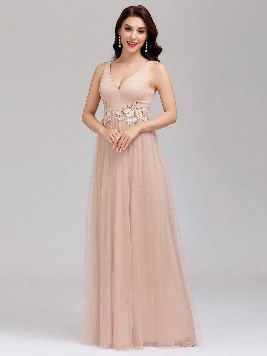 Elegant Deep Double V Neck Tulle Evening Dress with Appliques