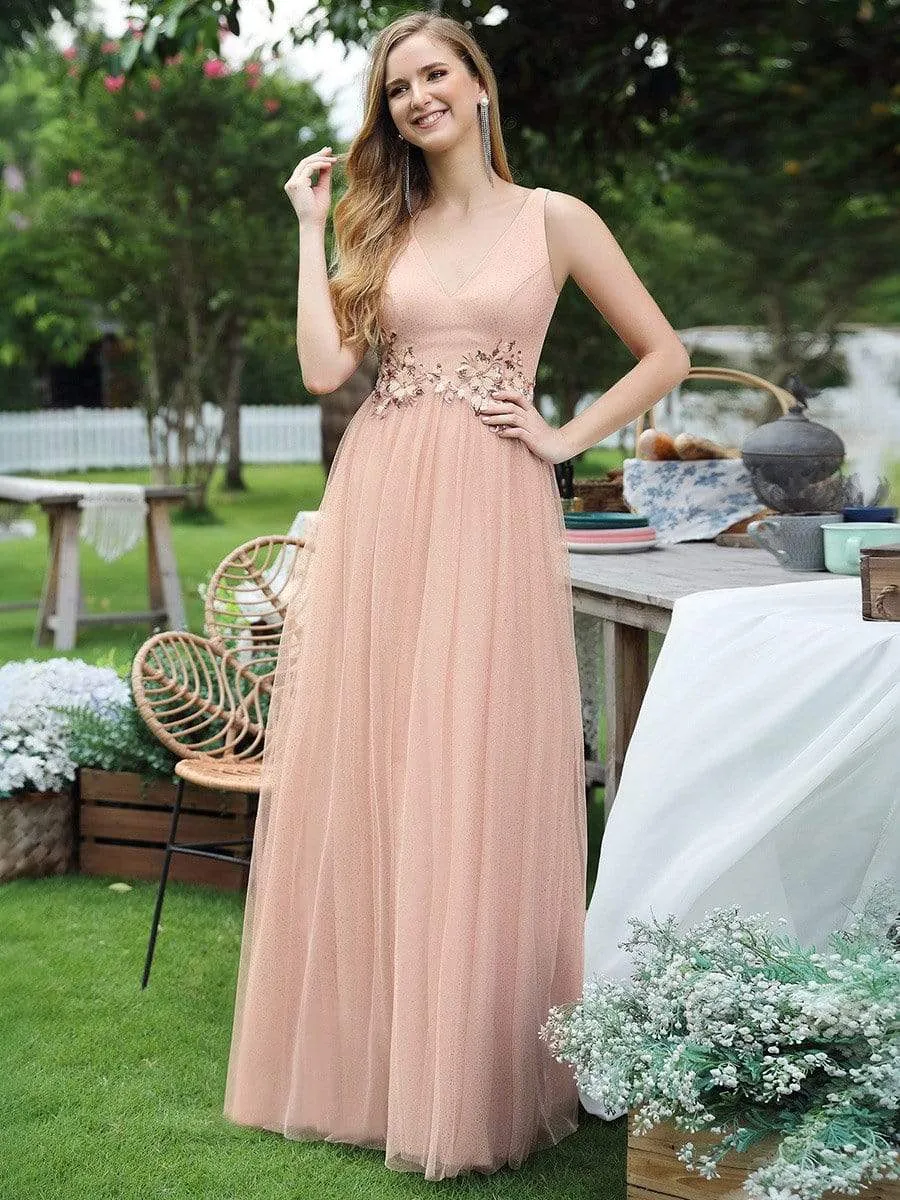 Elegant Deep Double V Neck Tulle Evening Dress with Appliques