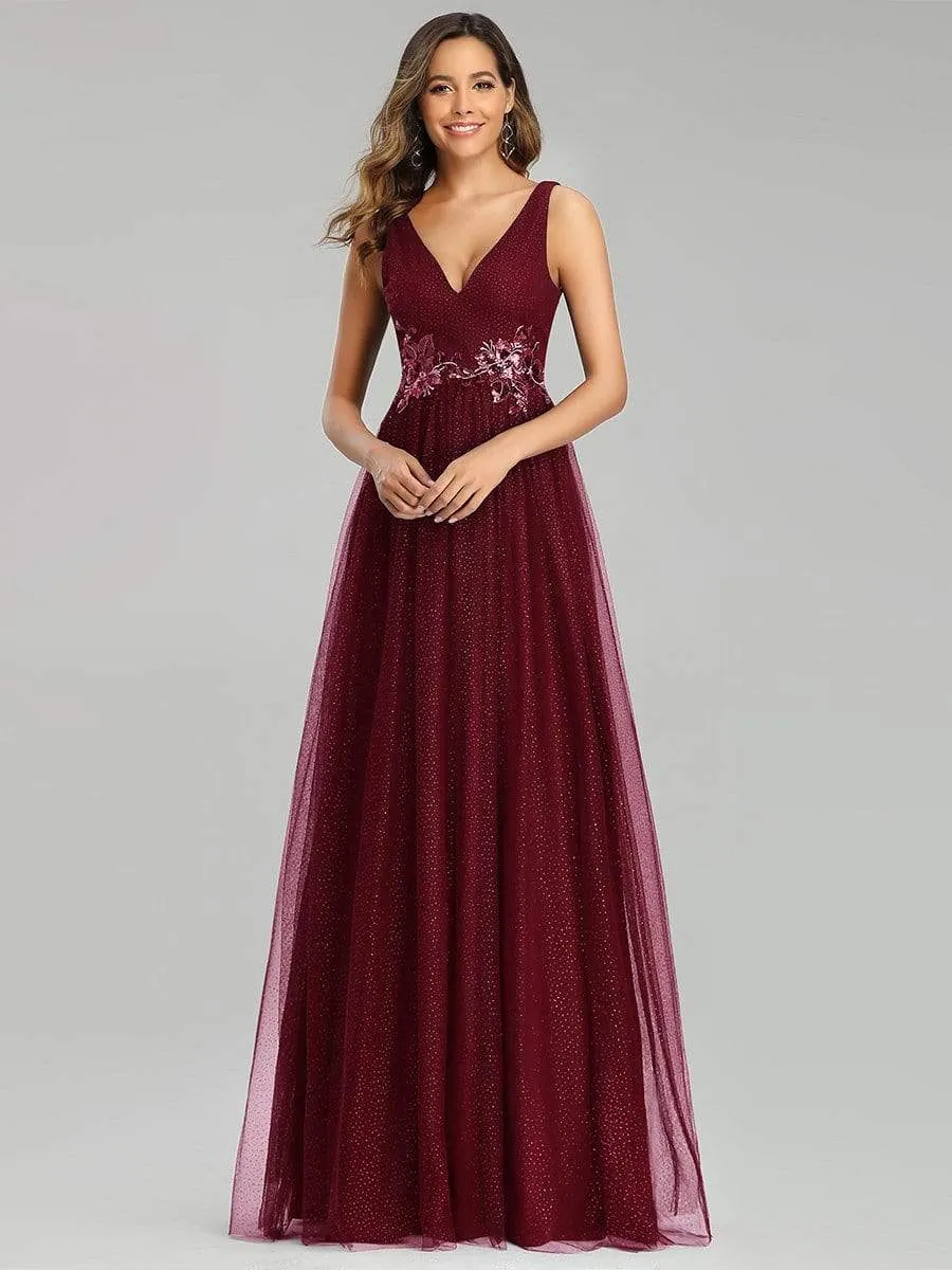 Elegant Deep Double V Neck Tulle Evening Dress with Appliques