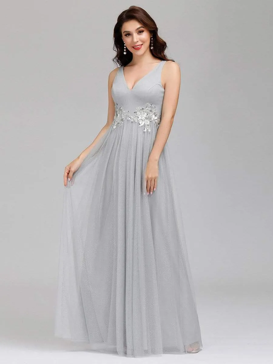 Elegant Deep Double V Neck Tulle Evening Dress with Appliques