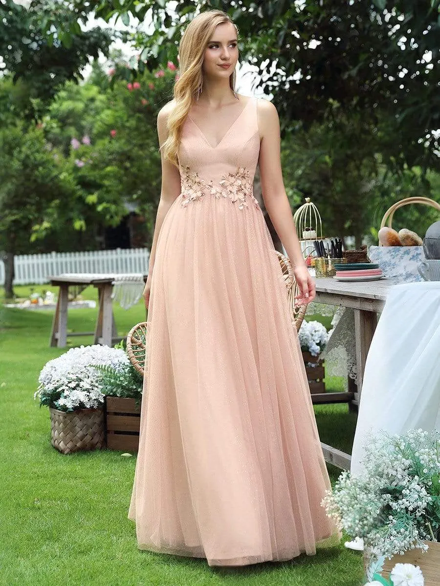 Elegant Deep Double V Neck Tulle Evening Dress with Appliques