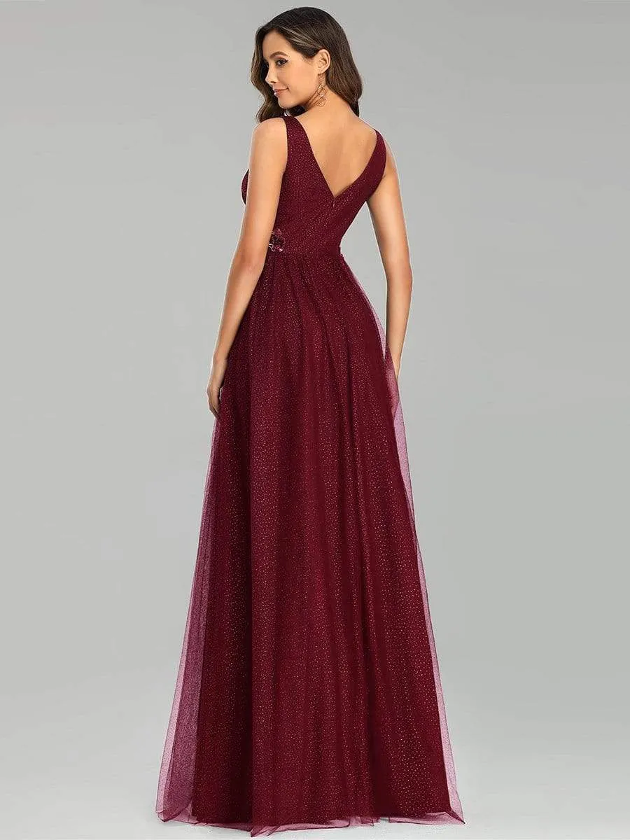 Elegant Deep Double V Neck Tulle Evening Dress with Appliques