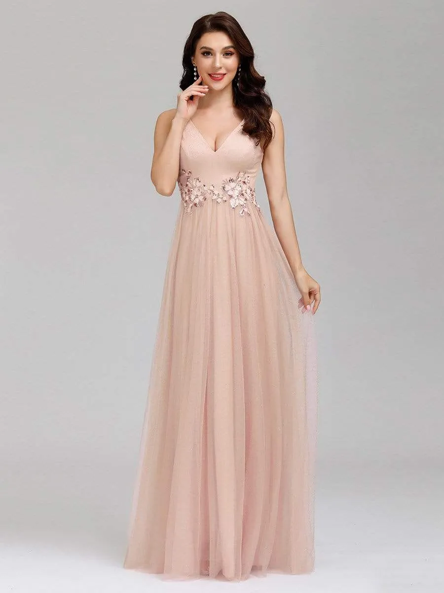 Elegant Deep Double V Neck Tulle Evening Dress with Appliques