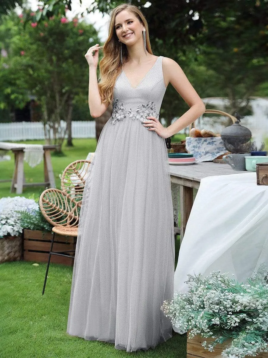 Elegant Deep Double V Neck Tulle Evening Dress with Appliques