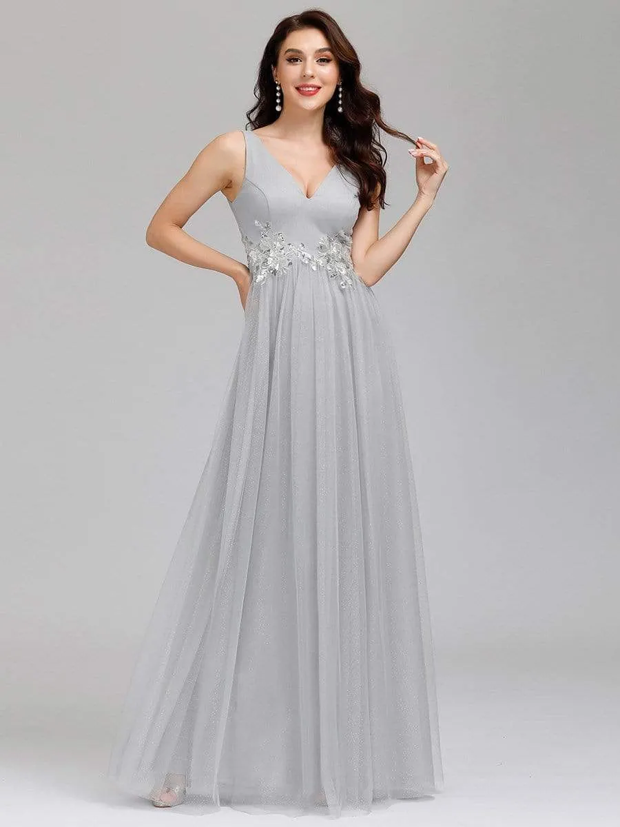 Elegant Deep Double V Neck Tulle Evening Dress with Appliques