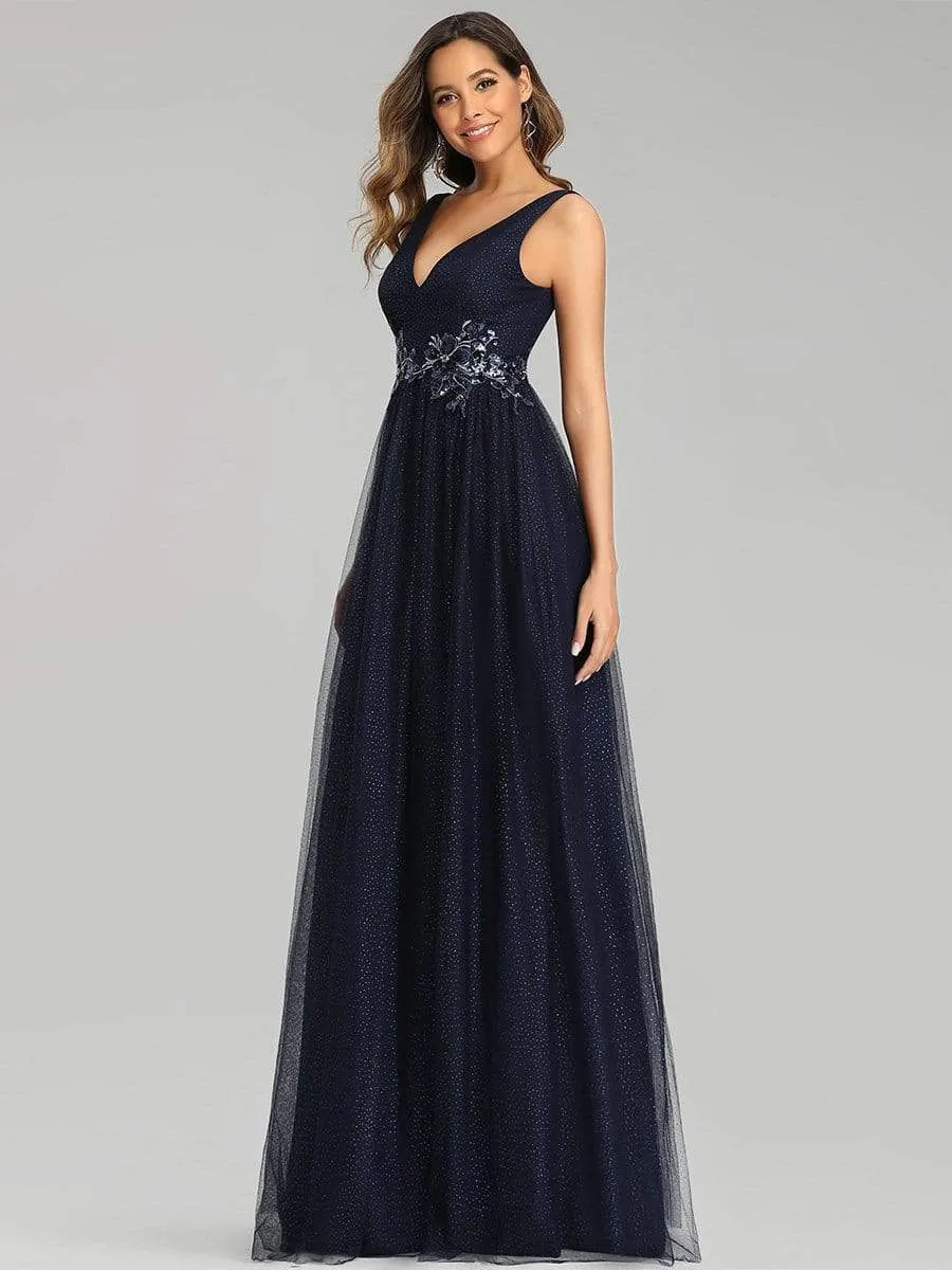 Elegant Deep Double V Neck Tulle Evening Dress with Appliques