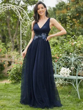 Elegant Deep Double V Neck Tulle Evening Dress with Appliques