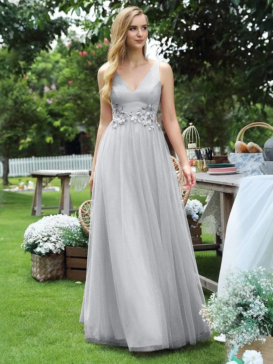 Elegant Deep Double V Neck Tulle Evening Dress with Appliques