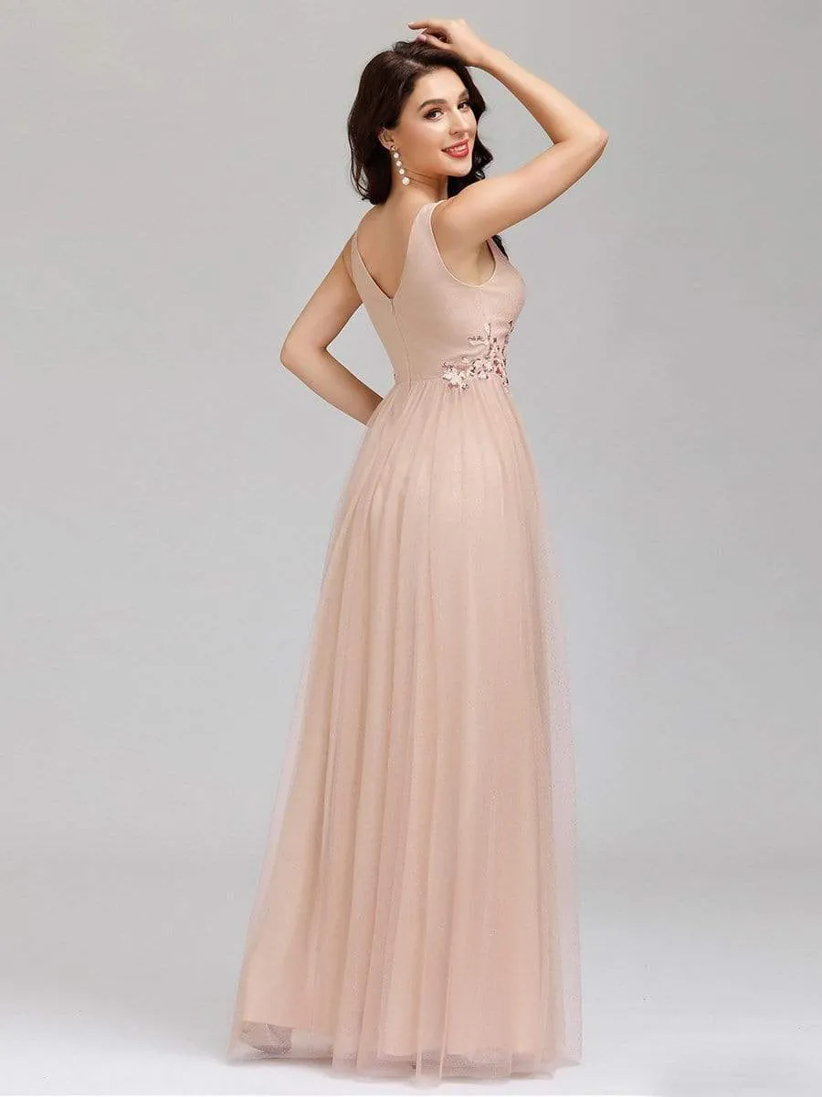 Elegant Deep Double V Neck Tulle Evening Dress with Appliques