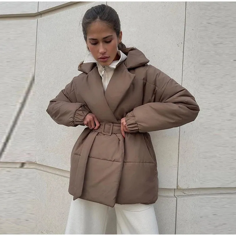 Nisha Puffer Coat With Belt Fashion Turn-down Collar Warm Outwear