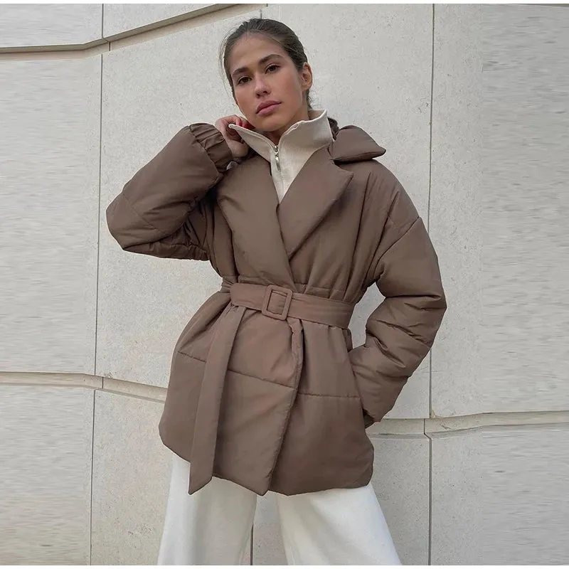 Nisha Puffer Coat With Belt Fashion Turn-down Collar Warm Outwear