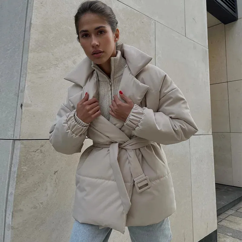 Nisha Puffer Coat With Belt Fashion Turn-down Collar Warm Outwear