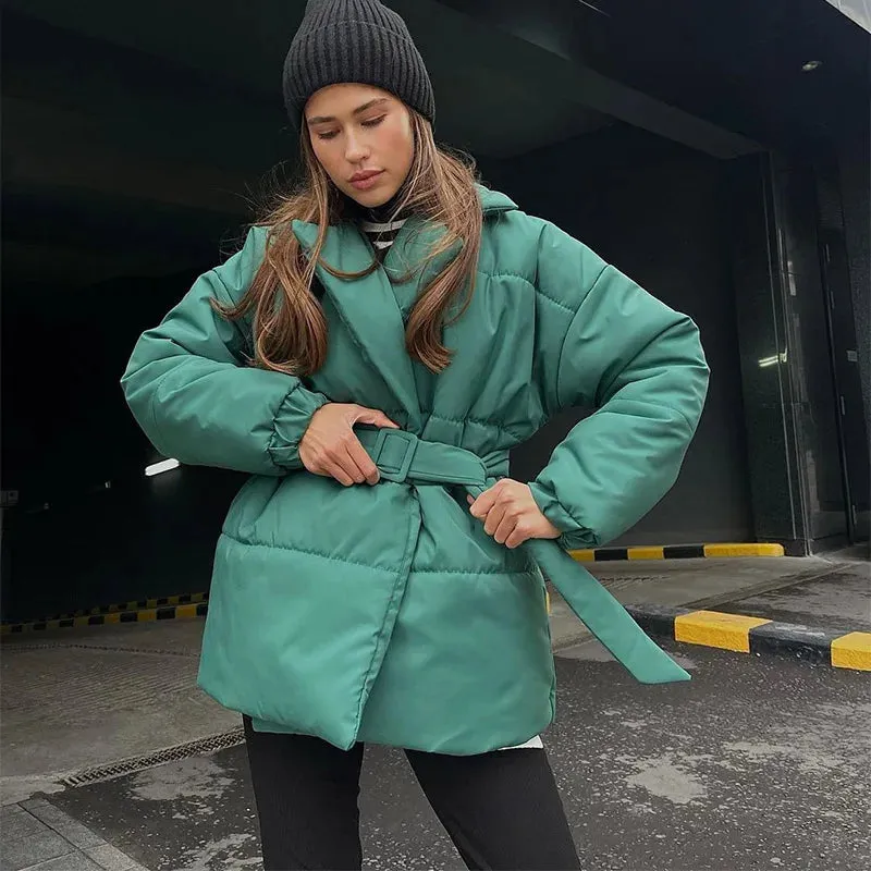 Nisha Puffer Coat With Belt Fashion Turn-down Collar Warm Outwear