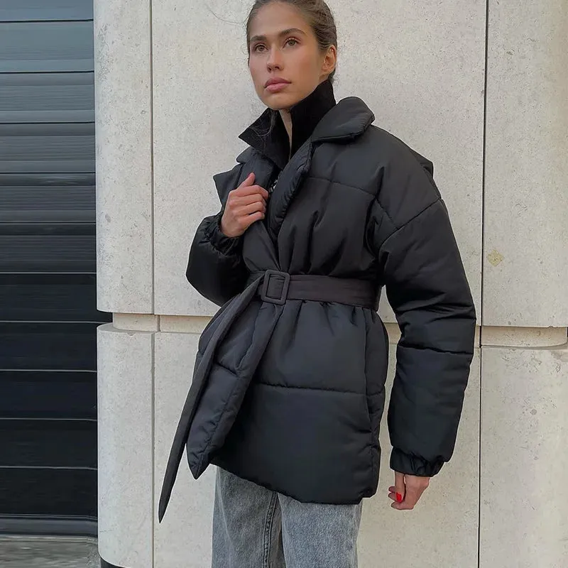 Nisha Puffer Coat With Belt Fashion Turn-down Collar Warm Outwear