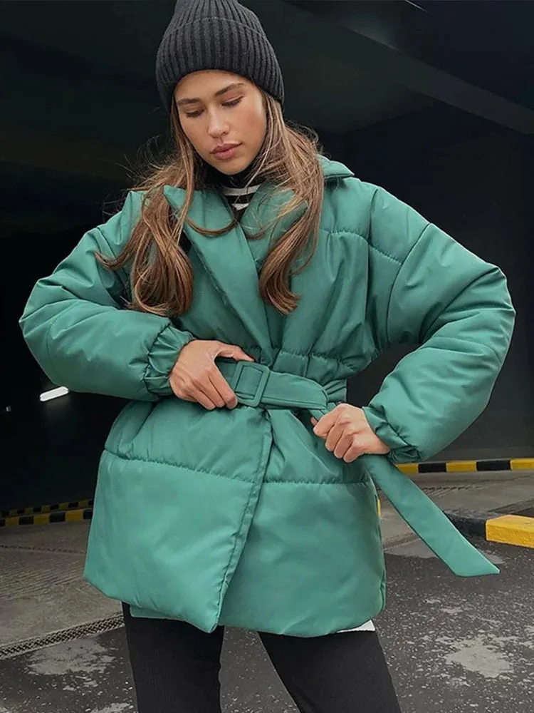 Nisha Puffer Coat With Belt Fashion Turn-down Collar Warm Outwear
