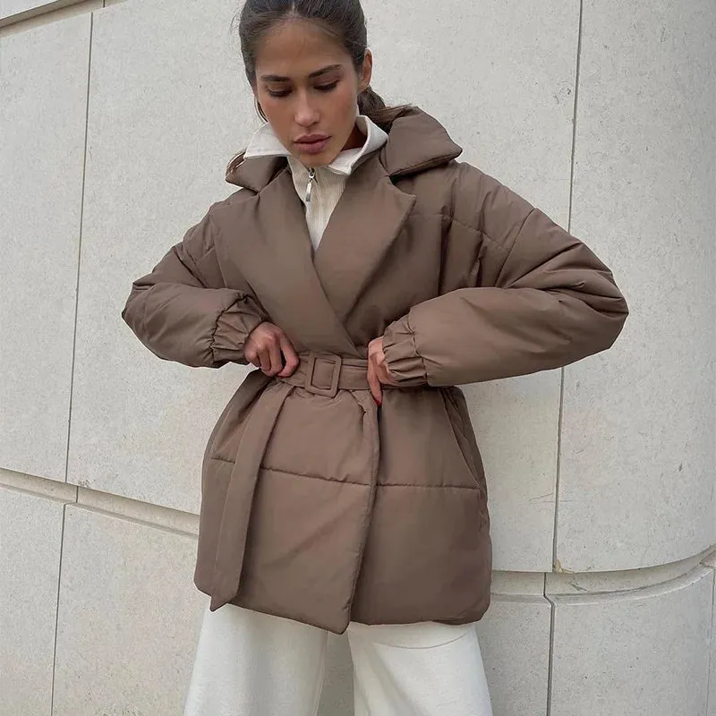 Nisha Puffer Coat With Belt Fashion Turn-down Collar Warm Outwear