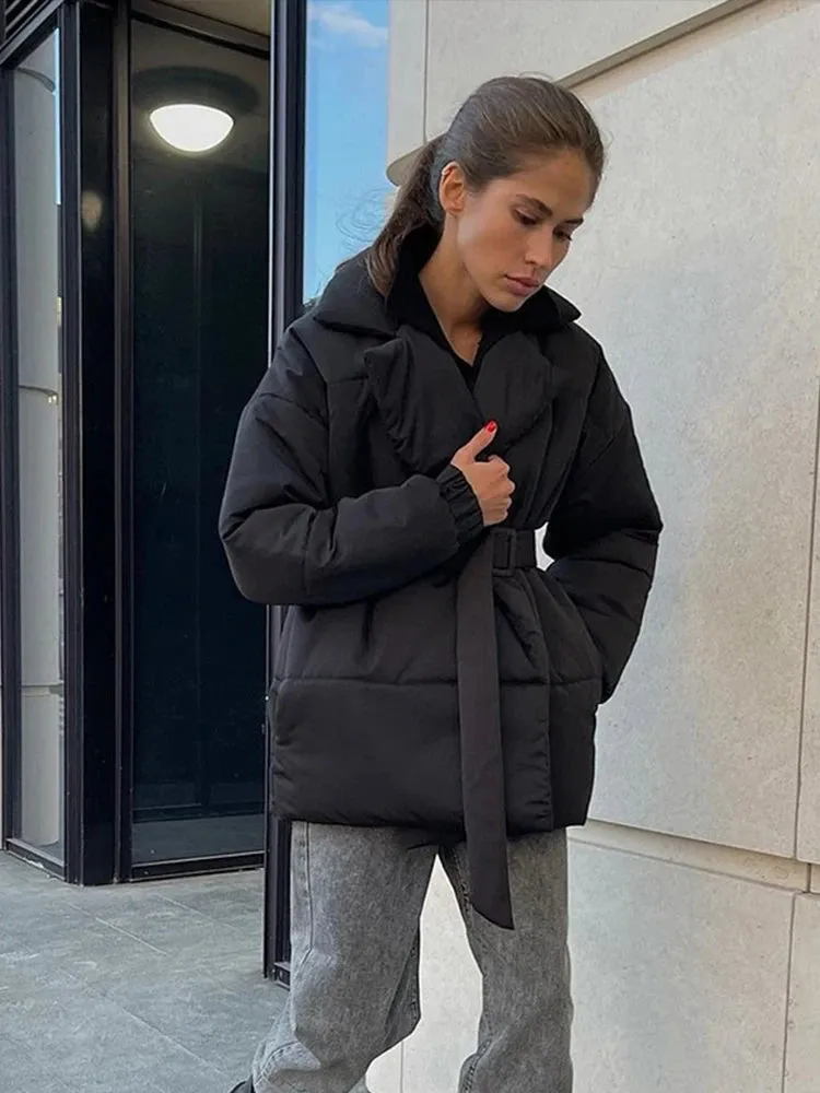 Nisha Puffer Coat With Belt Fashion Turn-down Collar Warm Outwear