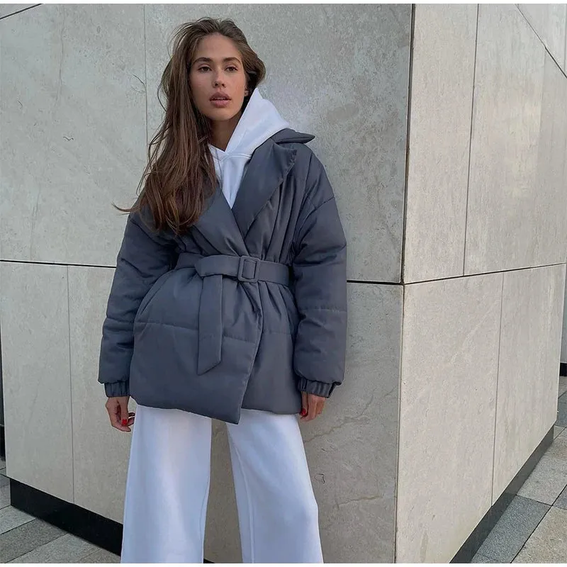 Nisha Puffer Coat With Belt Fashion Turn-down Collar Warm Outwear