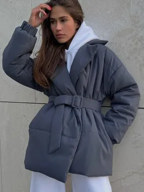 Nisha Puffer Coat With Belt Fashion Turn-down Collar Warm Outwear