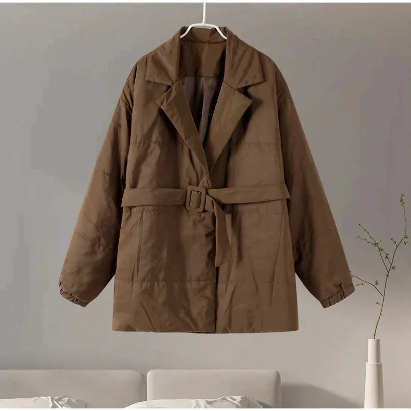 Nisha Puffer Coat With Belt Fashion Turn-down Collar Warm Outwear