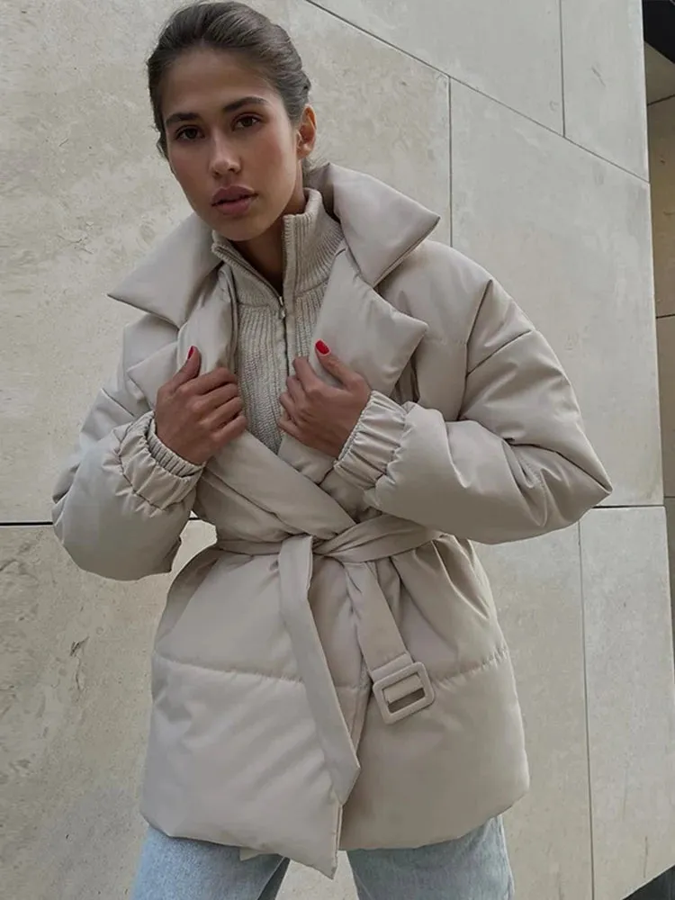 Nisha Puffer Coat With Belt Fashion Turn-down Collar Warm Outwear