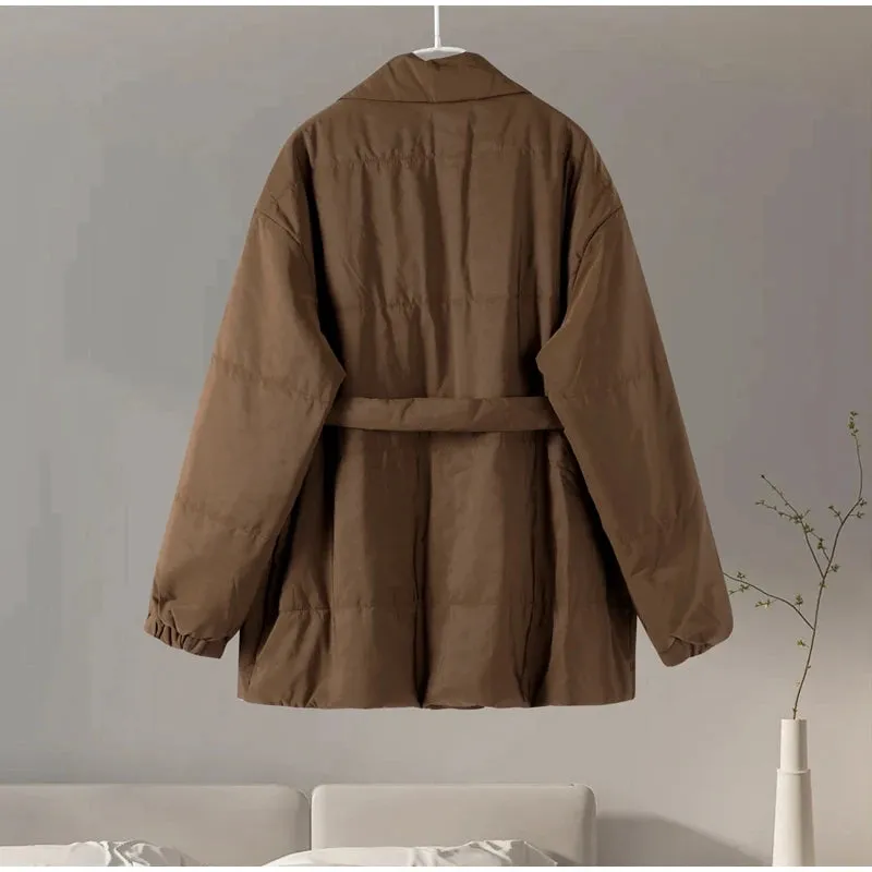 Nisha Puffer Coat With Belt Fashion Turn-down Collar Warm Outwear