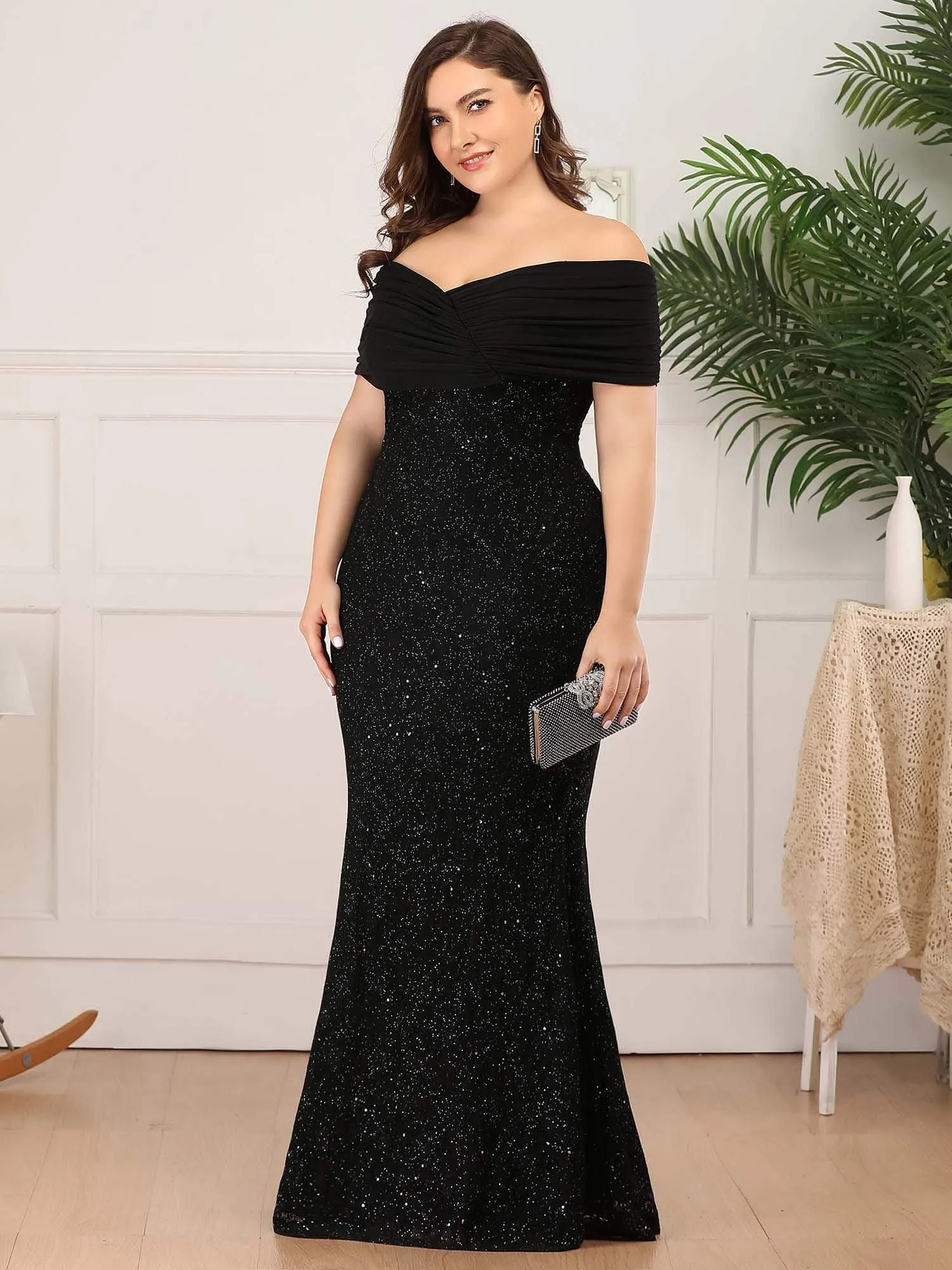 Plus Size Classic Off Shoulder Floor Length Fishtail Evening Dress
