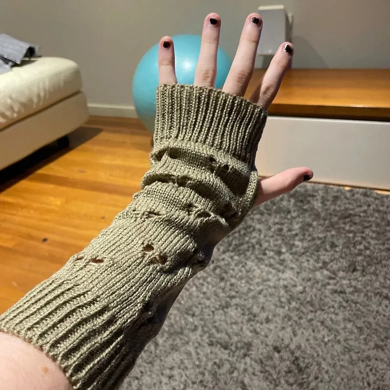 Women Girl Arm Crochet Knitting Hollow Heart Mitten Warm Fingerless Hand Gloves